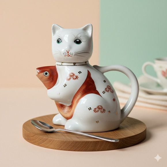 Vintage Cat & Koi Porcelain Teapot • Hand-Painted Lid/Spout • Metallic Gold - Picture 1 of 13